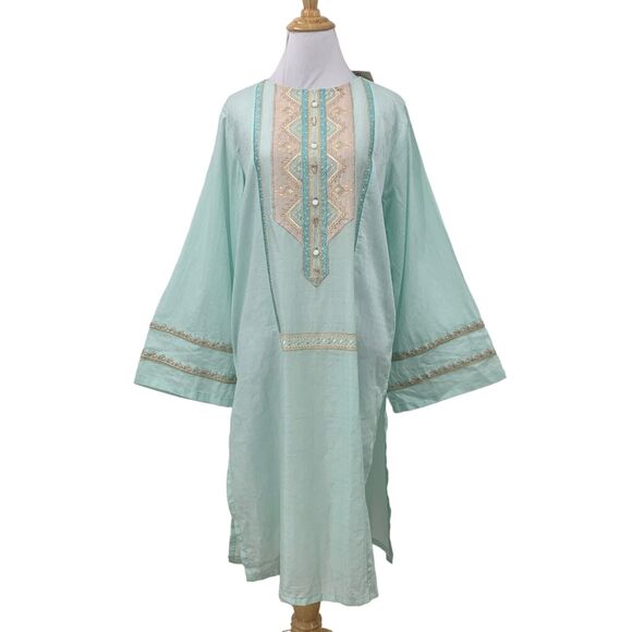Sapphire Embroidered Jeweled Kurti Womens L Large Semi Sheer Wide Sleeves Mint - Picture 1 of 16